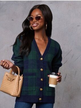 Vici Green and Navy Plaid V-Neck Cardigan with Gold Buttons